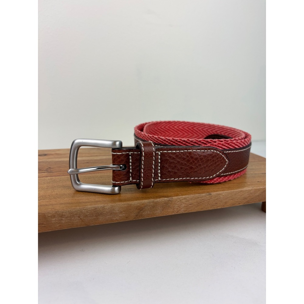 Vineyard Vines Belt 34 Brown Jetty Red Pebbled Leather Chevron Webbing Preppy